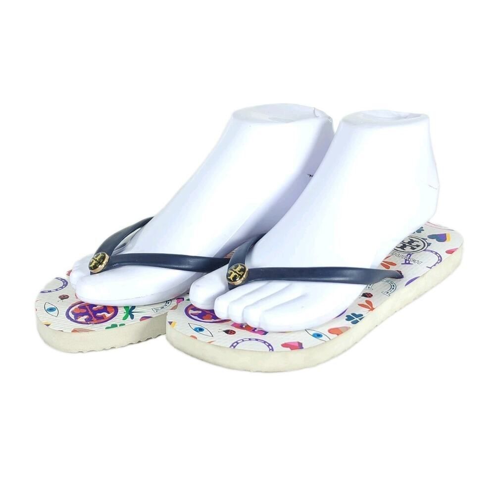 Tory Burch Women’s US6M Blue White Graphic Logo Flip Flop Thong Sandals